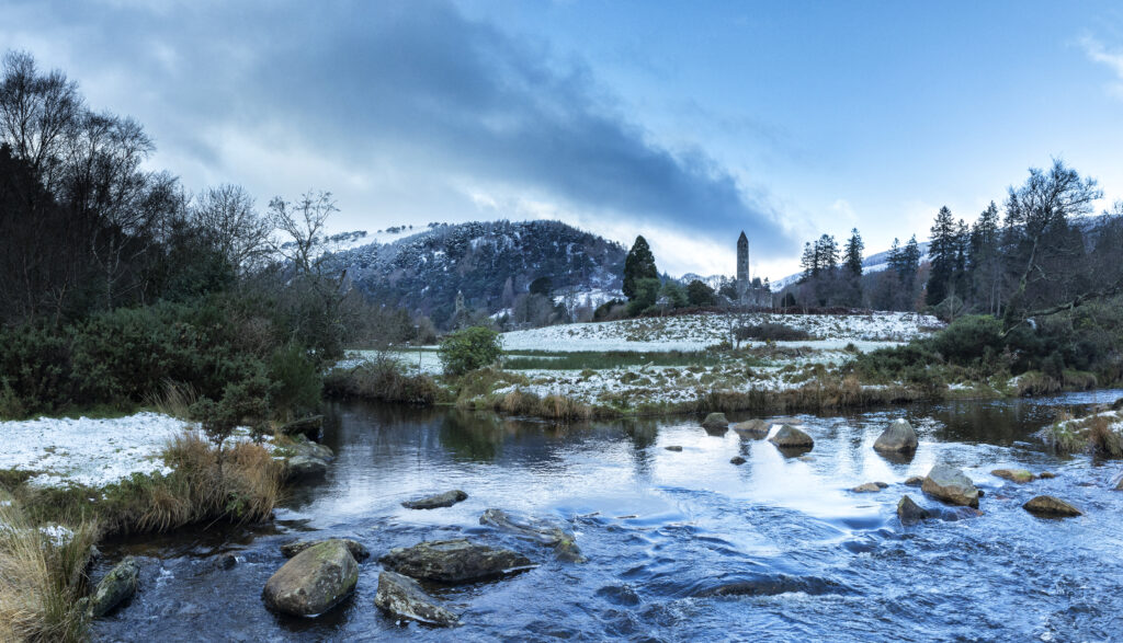 Snow on Glendalough Monastic City next to glendaloug hotel ideal for Winter hotel breaks in Wicklow