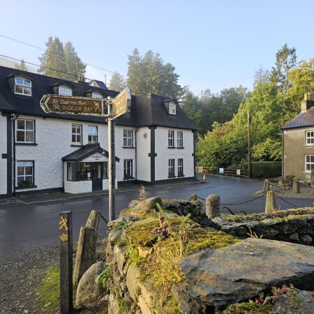 Sign for Wicklow Way at Glendalough Hotel 